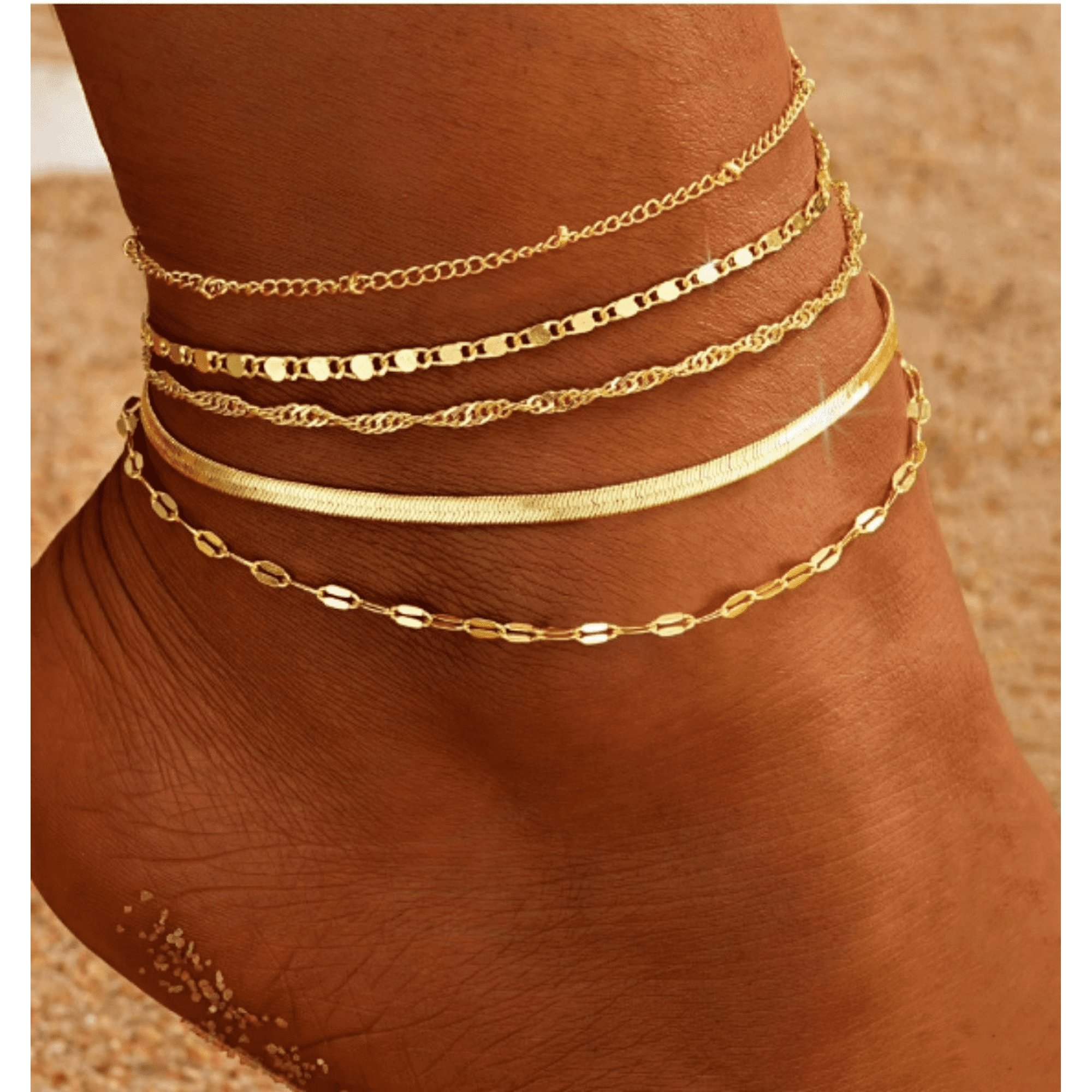 Boho Gold Anklet Set, 5-Pcs Stackable Chain Ankle Bracelets w/ Herringbone& Rope