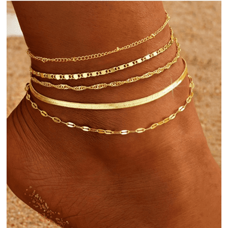 Boho Gold Anklet Set, 5-Pcs Stackable Chain Ankle Bracelets w/ Herringbone& Rope