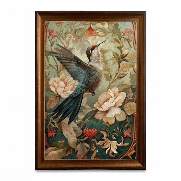 PORMIPONE Hummingbird Wall Art, 16x24in Framed Canvas, Vintage Botanical Floral Bird Painting, Antique Nature Wall Decor for Living Room Bedroom Entryway