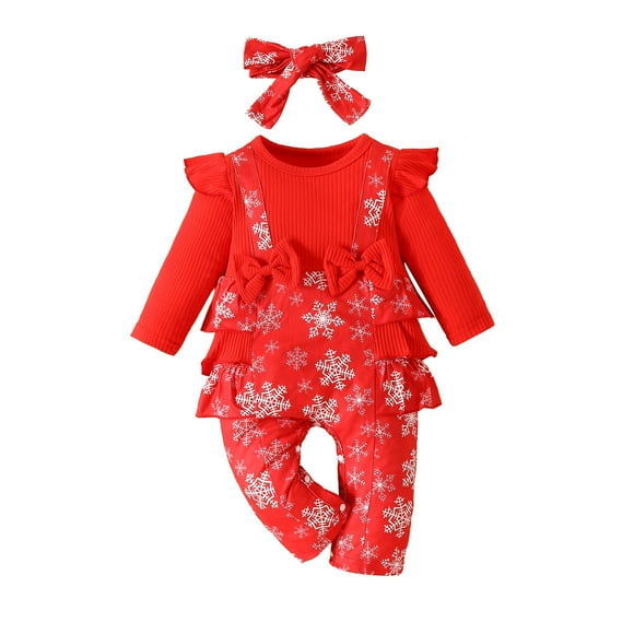 Zanarzt My First Christmas Outfit Baby Girl Christmas Baby Girl Clothes Ruffle Long Sleeve Romper Fall Winter Outfit with Headband Red,12-18 Months