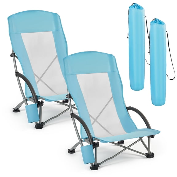 VEVOR Folding Beach Chair, High Back Camping Chairs for Adults, with Cup Pocket, Mesh Back, Carry Bag, Portable Extra Wide Seat Chair 330 lbs Heavy Duty Support, for Outdoor, Camp, Light Blue, 2 Pack