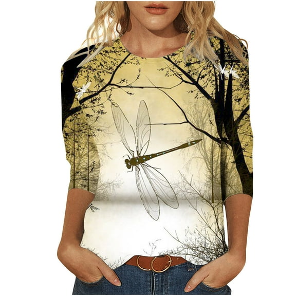 Brilliant Women Tops Women's Printing Loose T-Shirt Mid-length 3/4 Sleeves Blouse Round Neck Casual Tops clearance clothes under $10.00