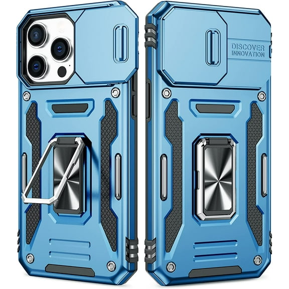 Case for iPhone 14 Pro Max Case with Slide Camera Cover, 360°Magnetic Ring Kickstand Upgraded Military Grade Shockproof Case with Magnetic Car Mount Holder for iPhone 14 Pro Max 6.7”- Cyan Blue