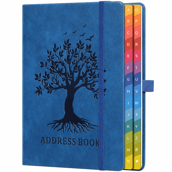 Hardcover Address Book with Colorful Alphabetical Tabs, 8.4 x 5.8 Inch, Contact, Phone Number and Password Organizer with Pocket and Pen Loop, Blue
