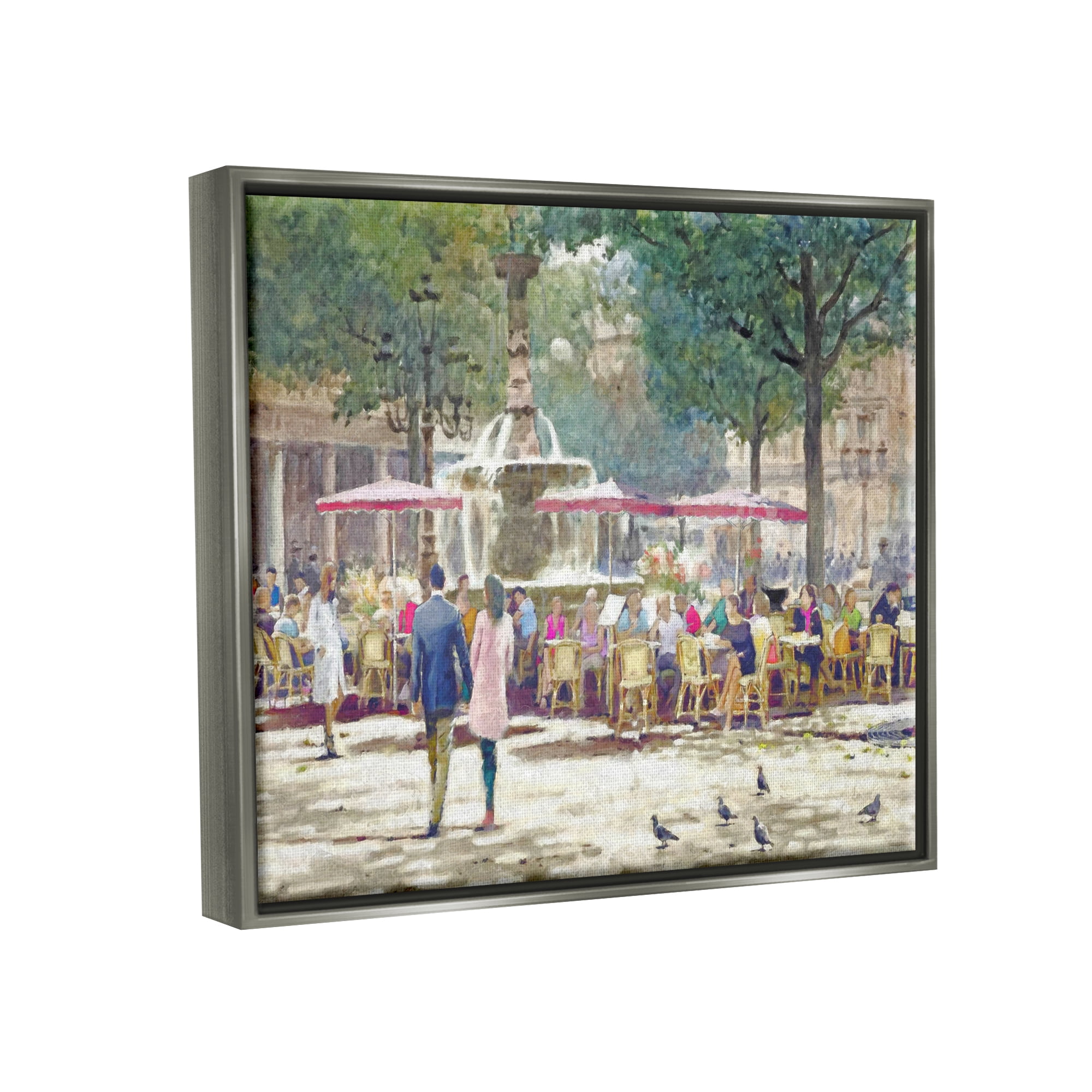Stupell Industries People at Parisian Cafe Town & City Painting Gray Floater Framed Canvas Art Print Wall Art, 21 x 17