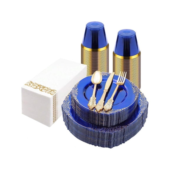 175-Piece Clear Blue Plastic Plates and Gold Plastic Cutlery Set Serves 25 Premium Disposable Dinnerware with Napkins and Cups for Weddings Birthdays and Graduations