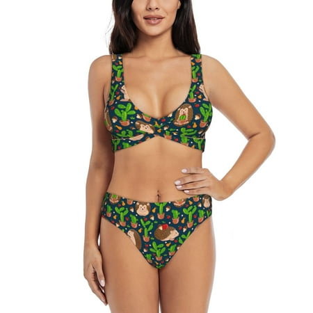 Zeuib Cute Hedgehogs Cactus Blue High Waisted Tummy Control Bikini Set - Knot Front Push Up Top & Cheeky Thong Bottom  Two-Piece Swimsuit for Women-Large