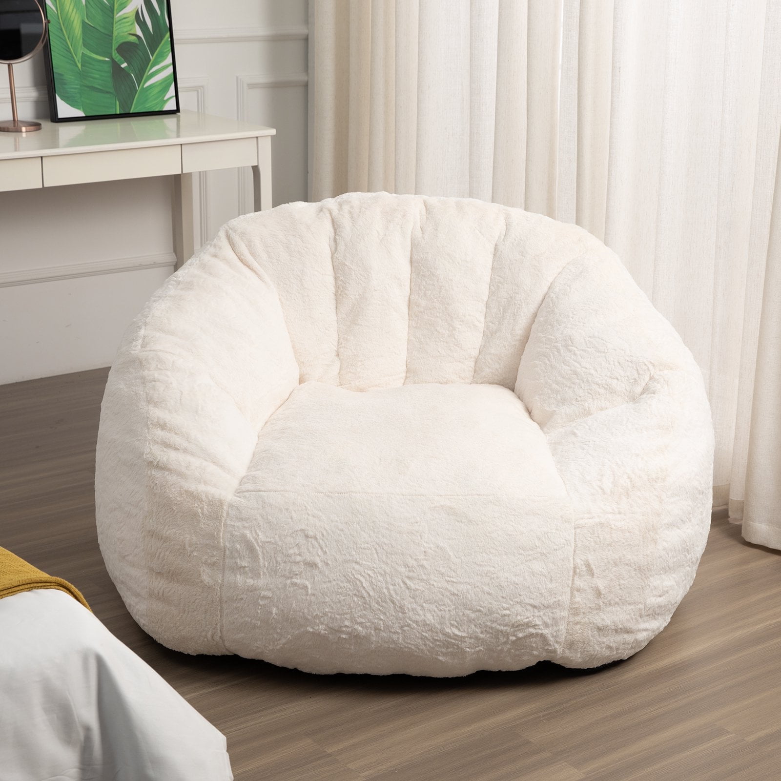 Ebenchico 3.9ft Bean Bag Chair for Adults Teens Kids, Shell Shape Faux Fur Beanbag Chairs, Memory Foam Filled Floor Chair for Reading, Gaming, Relaxing(White)