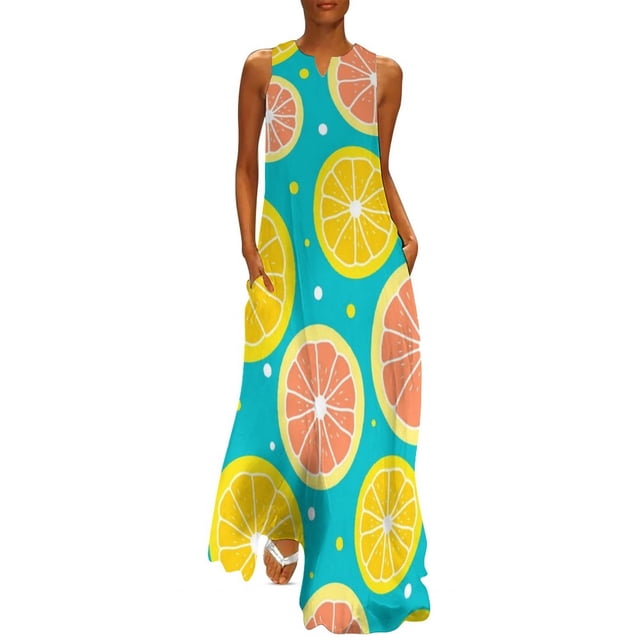 Robe Citron Aquarelle Été Rayures Bleues et Blanches Mode Coréenne Bohemia Longues Robes Design Moderne Maxi Grande Taille