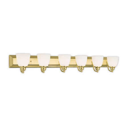 - Bathroom Vanity 6 Light With Hand Blown Satin Opal White Polished Brass size 48 in 600 Watts - World of Crystal