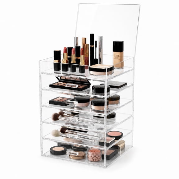OnDisplay Clear Acrylic Makeup Organizer with Drawers & Lid Vanity Cosmetic Storage Case 12x12x15.75 Organizer