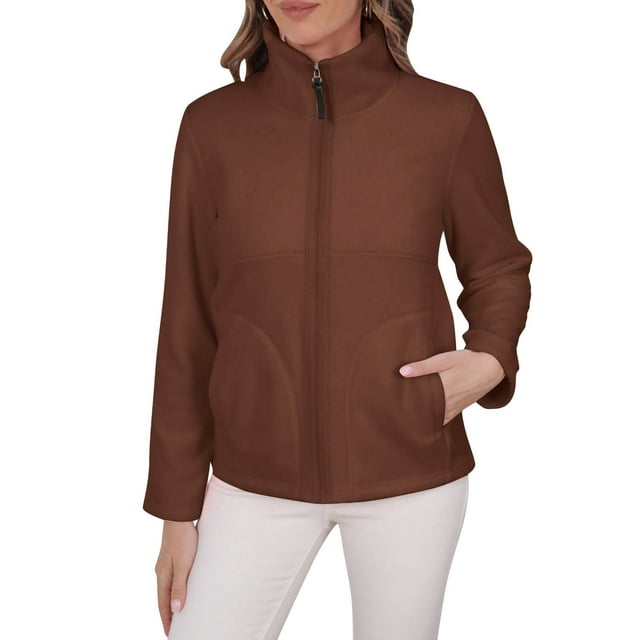 Économies d'Automne! srobpty Veste en Molleton à Manches Longues pour Femmes, Veste Décontractée Colorée à Fermeture Éclair Complète Sans Capuche en Molleton Café, TG