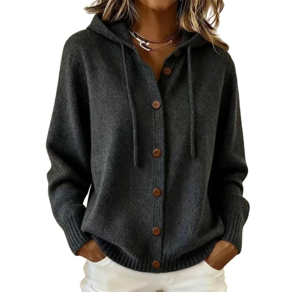 Iyufng Hooded Button Down Knit Cardigans for Women Drawstring Hood Loose Soft Sweater Jacket
