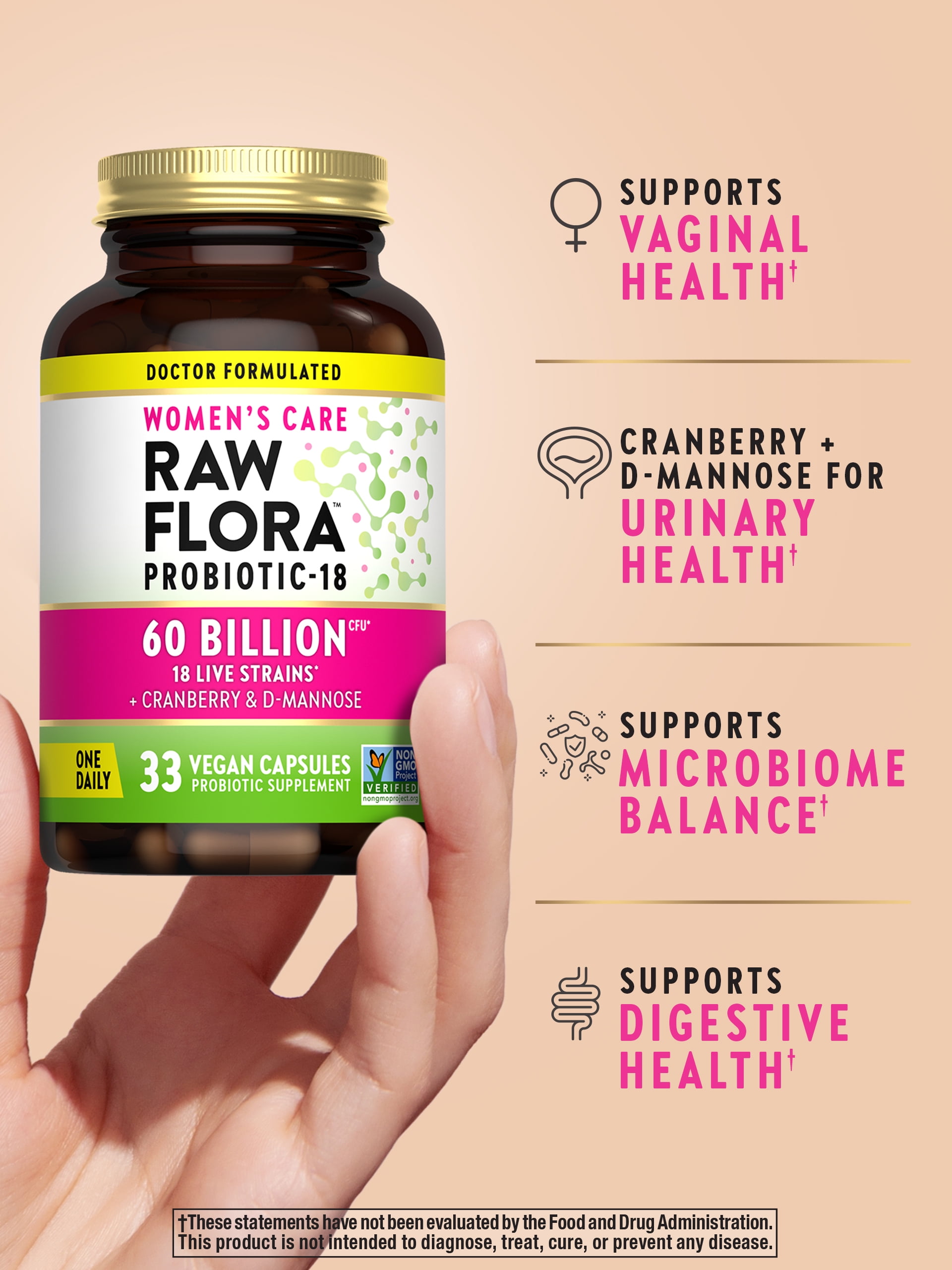 Raw Flora Probiotics for Women | 60 Billion CFU | 33 Capsules | with Cranberry & D-Mannose | by Nature's Truth