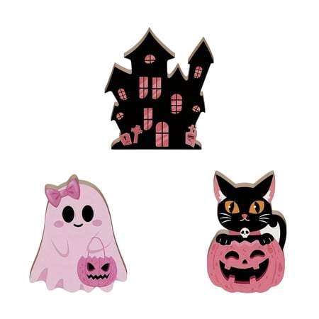 Halloween Tiered Tray Decor 3 Piece Pink Wooden Halloween Table Decor Set with Ghost Black Cat Haunted House Cute Spooky Decoration for Home Party Desktop Display