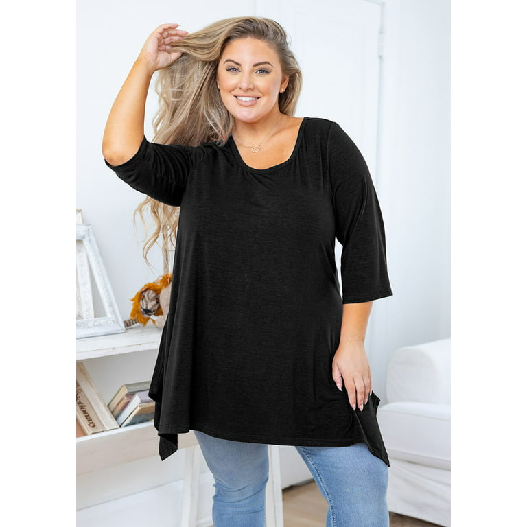 SHOWMALL Plus Size Tops for Women Tunic 3/4 Sleeve Clothes Black 3X Blouse  Swing Tunic Clothing Side Split Crewneck Flowy Shirt for Leggings