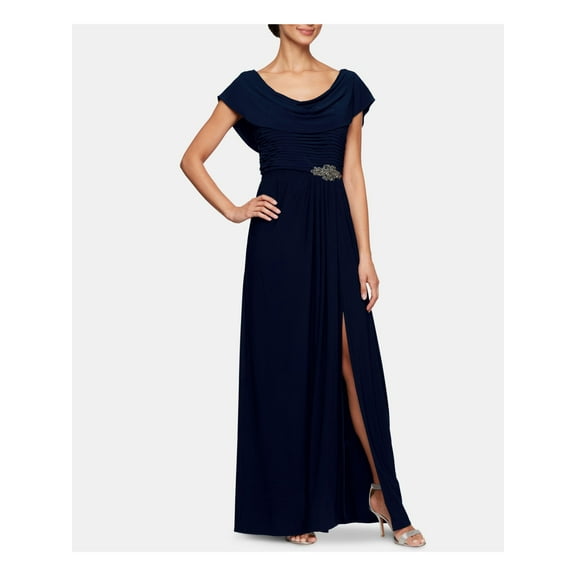 ALEX EVENINGS Womens Navy Embellished Short Sleeve Cowl Neck Maxi Evening Sheath Dress Petites 8P