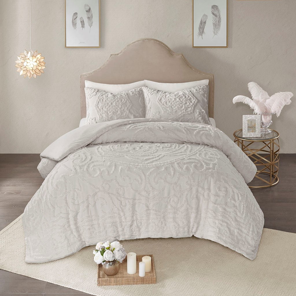 Witaxima King/Cal King 3-Piece Cotton Chenille Duvet Cover Set, Light Gray, Bohemian Style, OEKO-TEX Certified