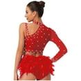 thumbnail image 4 of Kaerm Womens Shiny Rhinestone Dance Top Asymmetrical Shoulder Long Sleeve Figure Skating Costume Crop Top Red S, 4 of 5