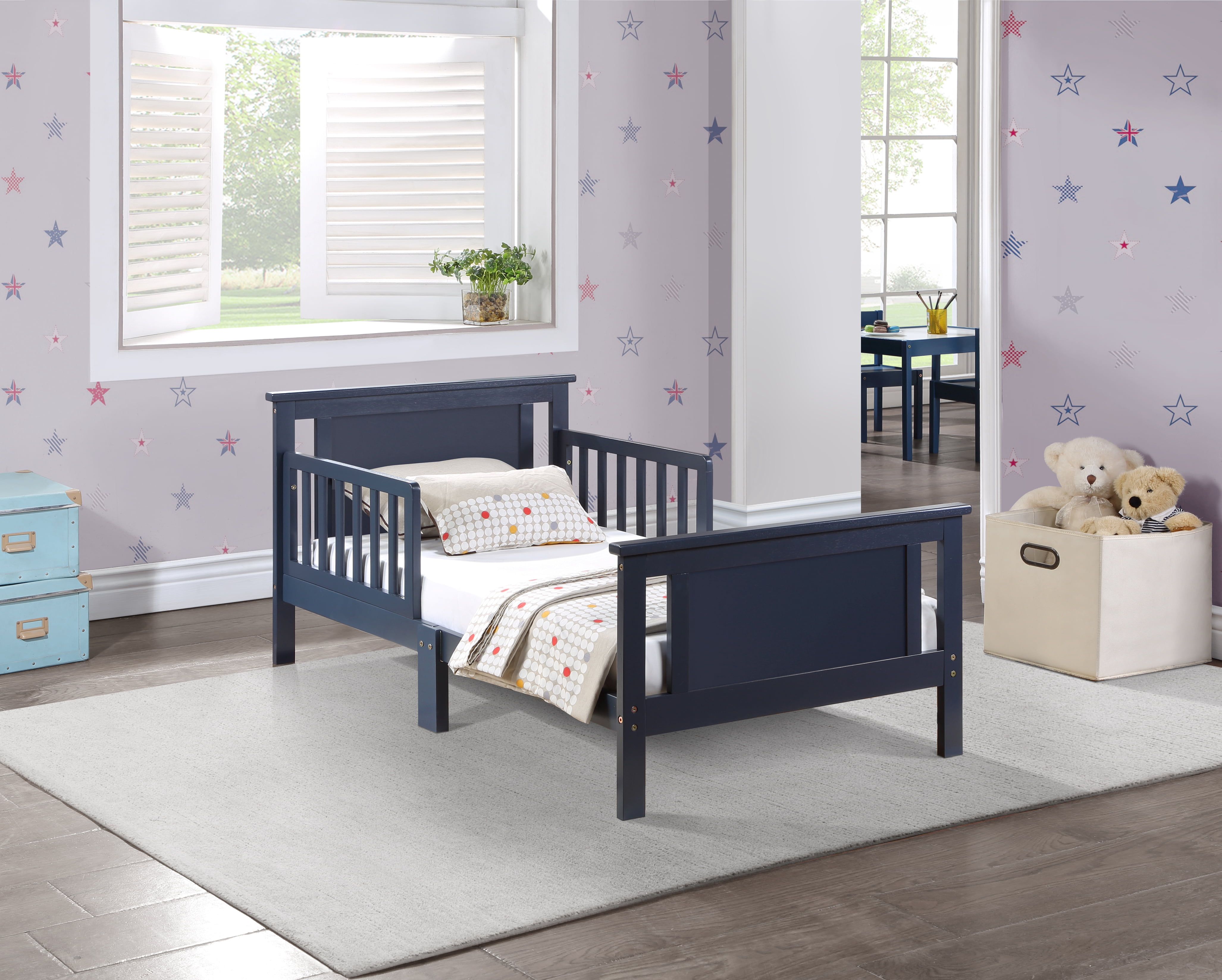 Olive & Opie Connelly Wood Reversible Panel Toddler Bed in Midnight Blue/Vintage Walnut