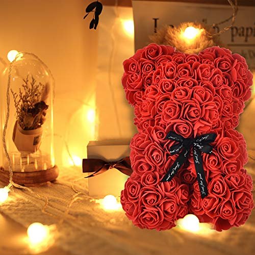 Rose Bear Rose Teddy Bear El mejor regalo para el Día de San Valentín, Aniversario, Cumpleaños y Duchas de novia totalmente ensambladas Flower Bear- con caja de regalo transparente (rojo) FLOWERS Ver descripción