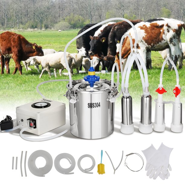 VEVOR Ordeñadora de cabras, cubeta de acero inoxidable 304 de 6 L, ordeñadora electrica de vacío de pulsación automática, ordeñadora portátil con tazas y tubos de silicona de grado alimenticio