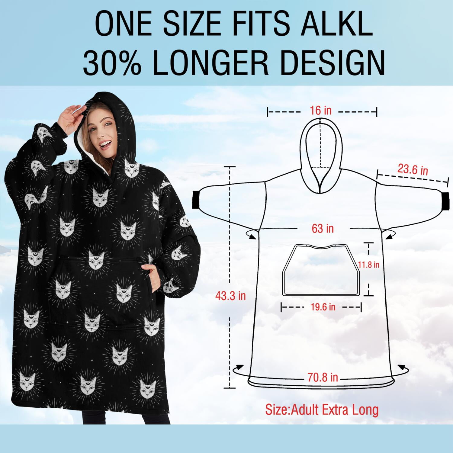 Oversized Wearable Blanket Hoodie,Black Cat Head Pattern Sherpa Blanket Hoodie with Super Pockets,Super Warm Fuzzy Pullover for Women & Men