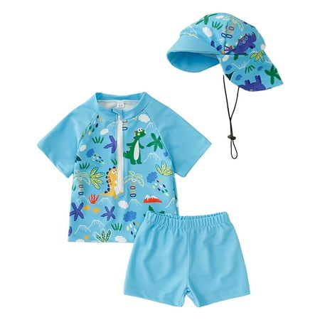 WUANDIXFA Boys Rash Guard Toddler Baby Boy Rash Guard Swimsuit Zip Up Swimwear Tops Swim Shorts with Hat 3pcs Bathing Suit 4-5 Years Sky Blue