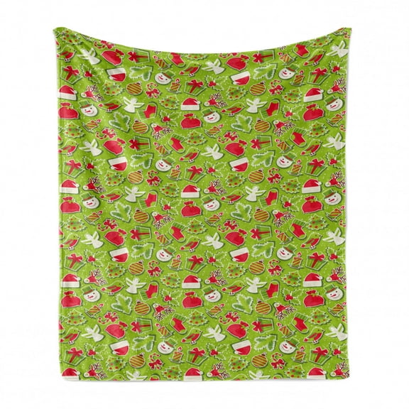 Christmas Soft Flannel Fleece Throw Blanket, Xmas Cartoon Style Pattern Snowman Trees Birds Hat Print, Cozy Plush for Indoor and Outdoor Use, 70" x 90", Apple Green Red, by Ambesonne