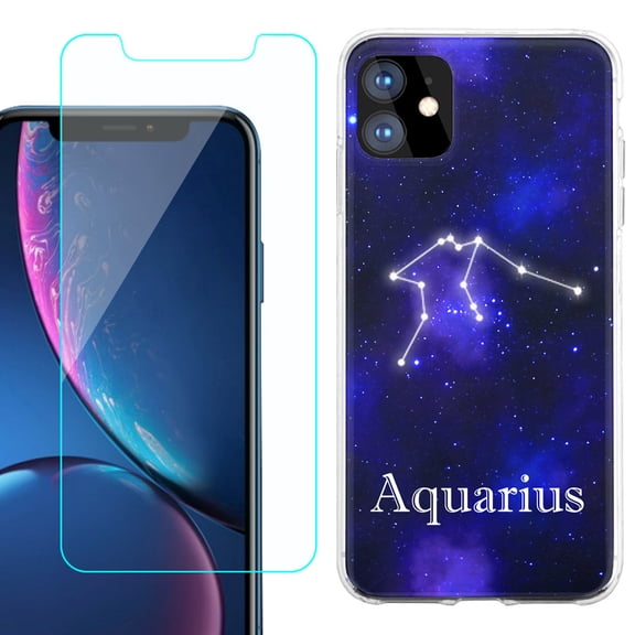 For Apple iPhone 11 Case , Slim-Fit TPU Protective Phone Case with Tempered Glass Screen Protector, by OneToughShield ® - Zodiac / Aquarius