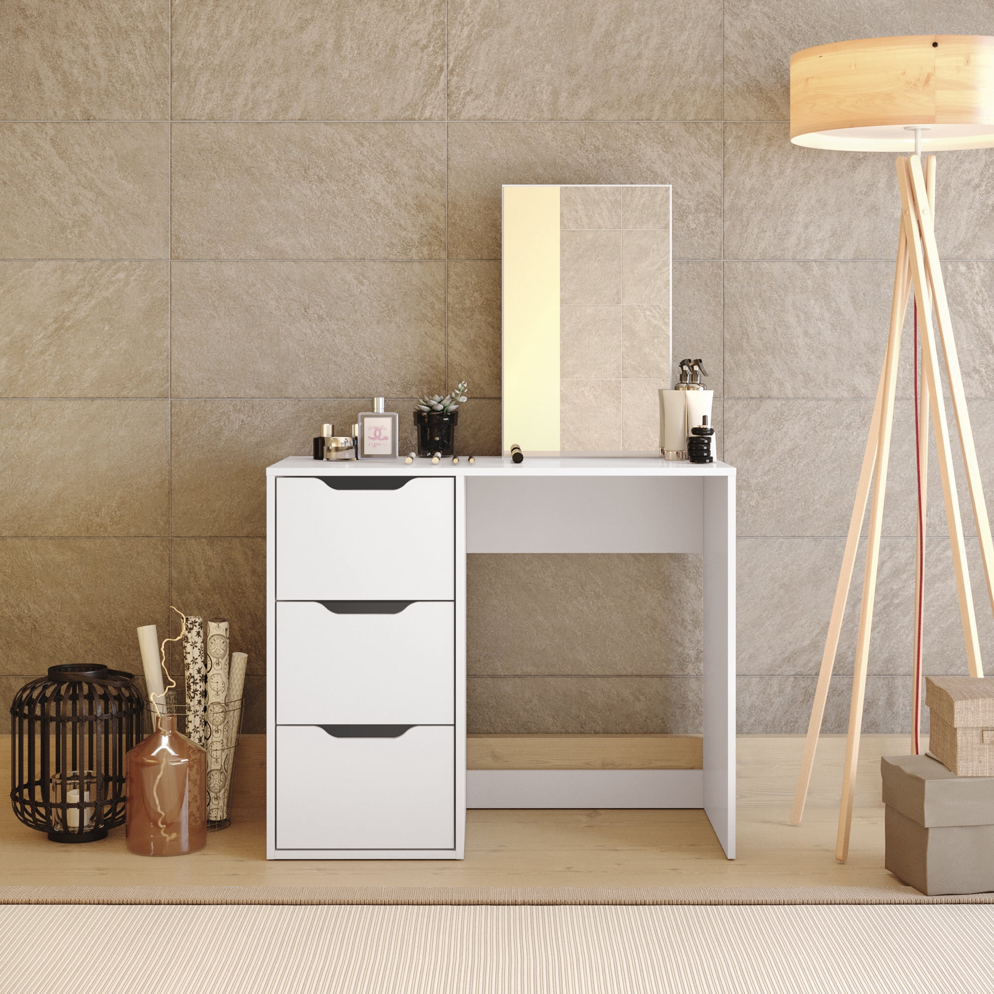 Kappesberg Cristiana White Modern Vanity with Mirror and 3 Drawers – 35.8”W - for Adults and Teens
