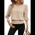 thumbnail image 3 of Blusas de Mujer con Cuello Redondo, 3/4, Cintura Elástica y Dobladillo Fruncido, Blusas Casuales Lisas Caqui M, 3 of 9