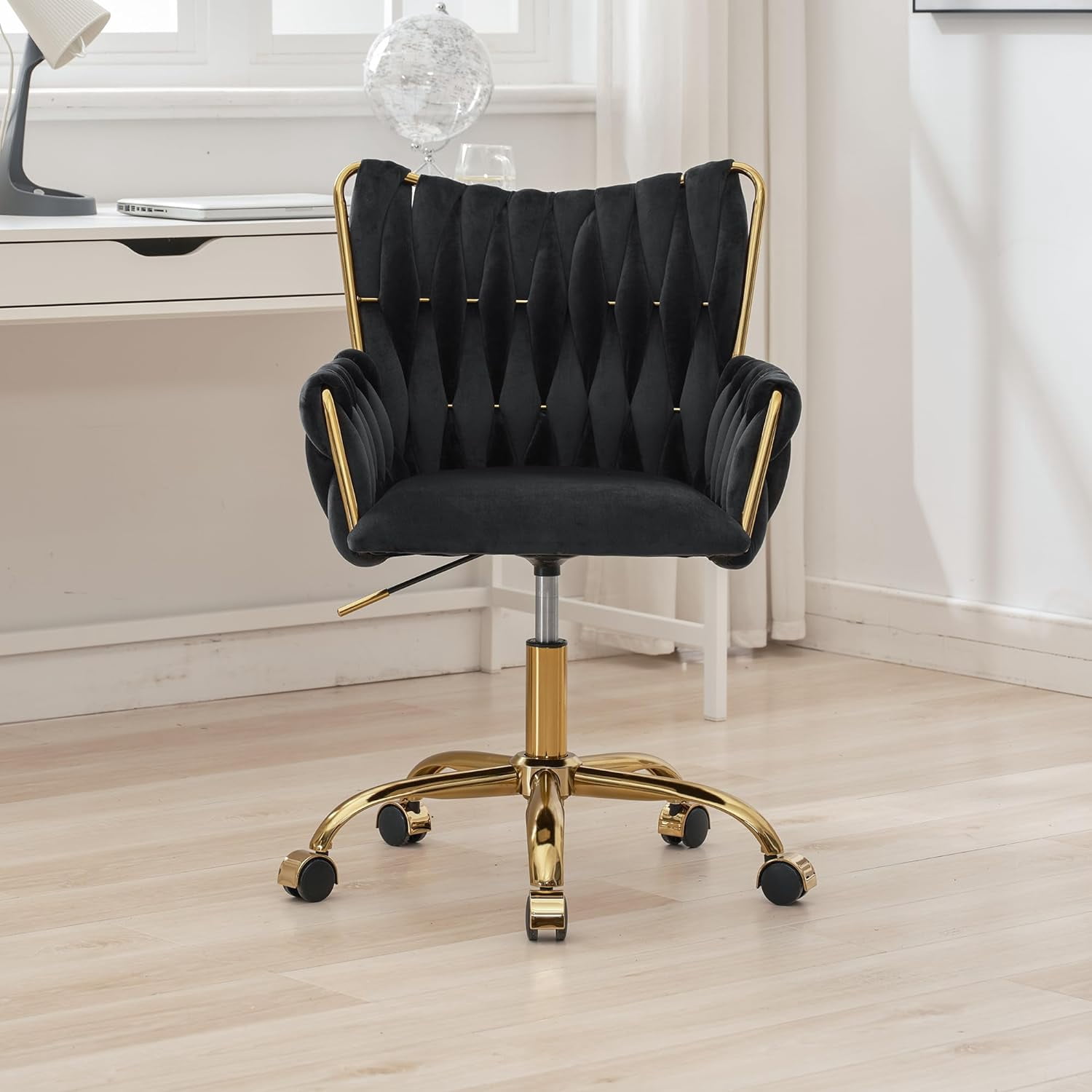 Westice Velvet Desk Chair, Home Office Gold Comfy Chair with Hand Woven High Back, Height Adjustable Swivel Chair with Comfy Upholster for Makeup Vanity Living Room Bedroom, Black