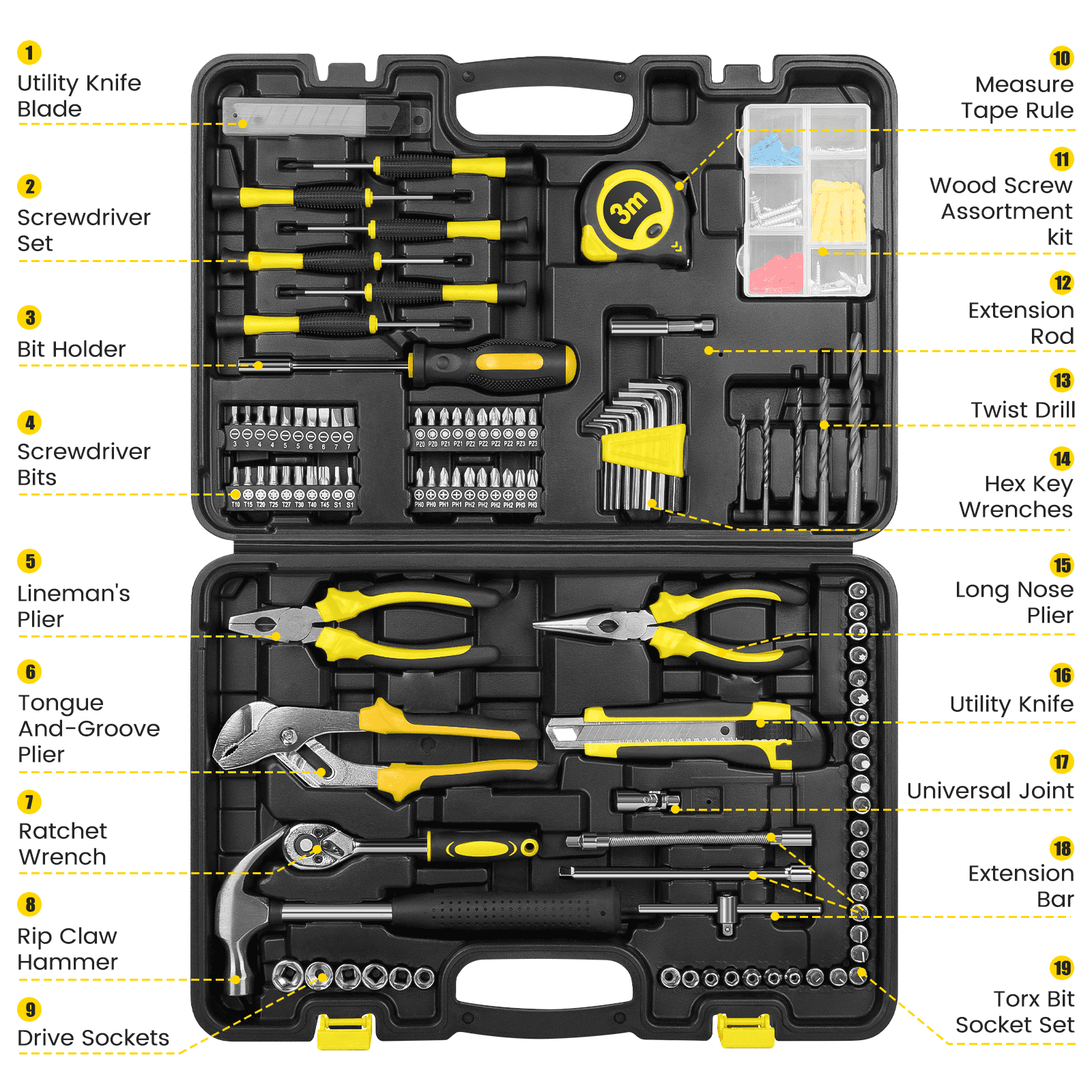 Cshidworld 171 Piece Socket Wrench Auto Repair Tool Combination Package 1/4" Ratchet Wrench, Household Tool Set General Mechanic Tool Kit and Socket Set, Hand Tool Kit with Toolbox Storage Case