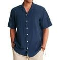 thumbnail image 2 of Huresd Men's Wrinkle Free Untucked Cuban Shirt Business Casual Button Down Tops Short Sleeve Solid Color Shirt Dark Blue M, 2 of 5