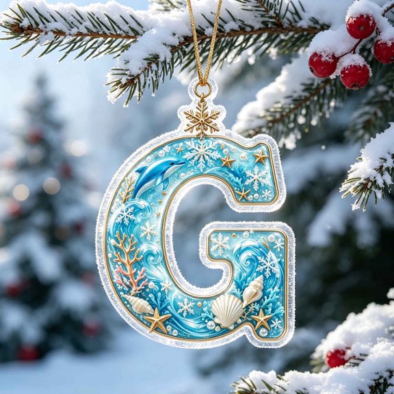 AZXY Christmas Ocean Themed Letter Acrylic Hanging Ornament, Seaside Snowflake Alphabet Pendant, Home Christmas Decorations, Personalized Holiday Keepsake for Xmas Tree Wreath Window, G