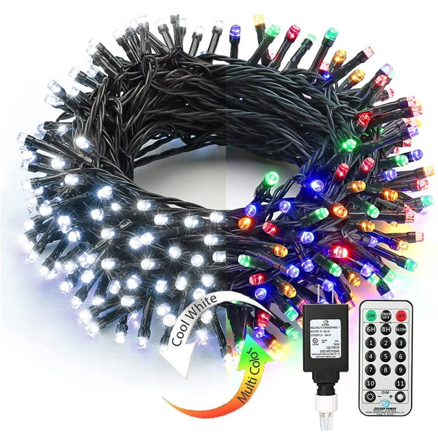 Dual Color Christmas Lights, 65.67ft 200 LED 11-Function Cool White & MultiColor Tree Lights, Dimmable 24V Safe Adapter Color Changing Outdoor Light String with Remote for Christmas Tree Party