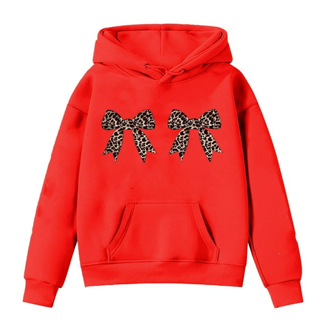 Aocisk Sweat à Capuche Court à Manches Longues et Col Rond Imprimé Nœud pour Filles Rouge 4-5 Ans