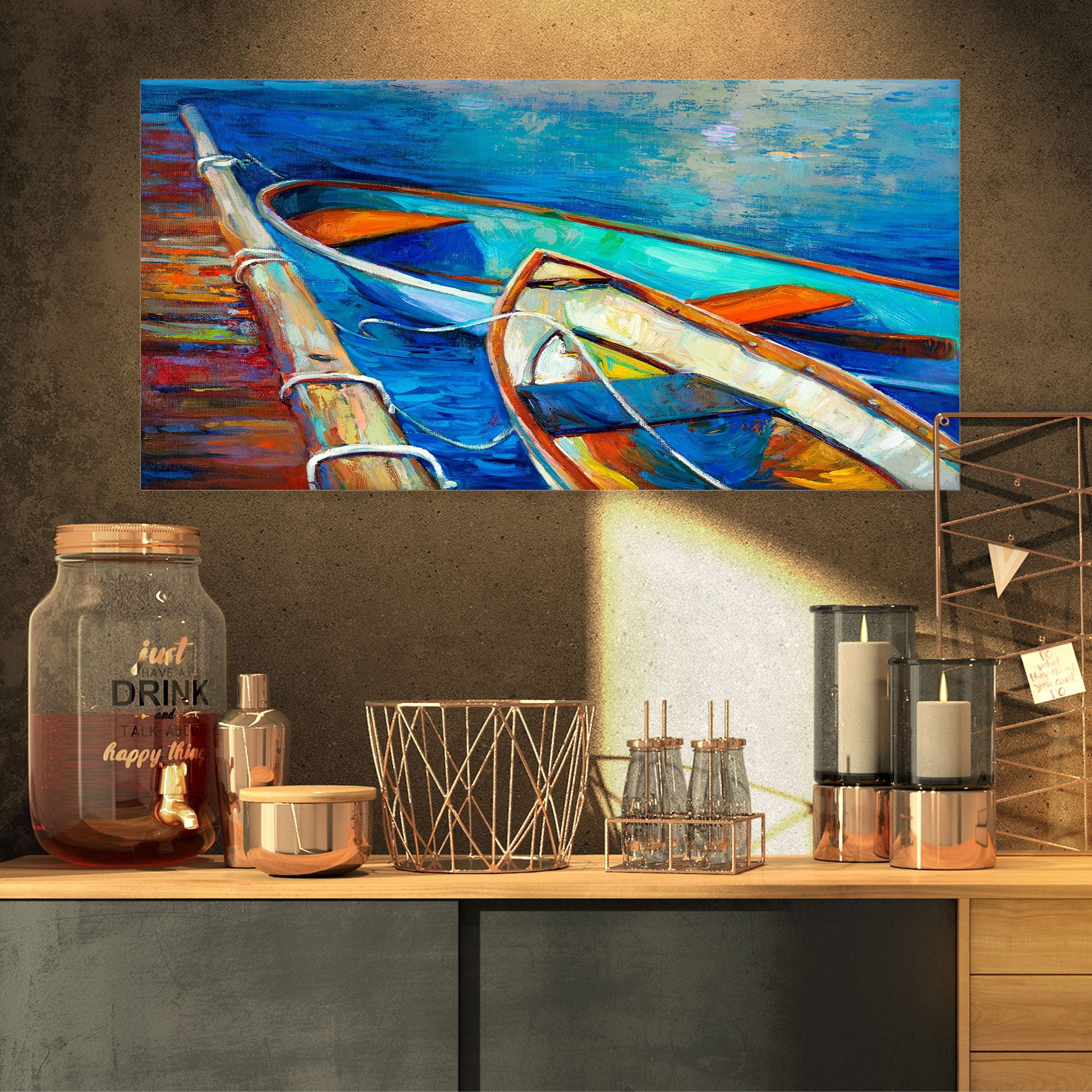 Designart 'Boats and Pier in Blue Shade ' Seascape Canvas Art Print