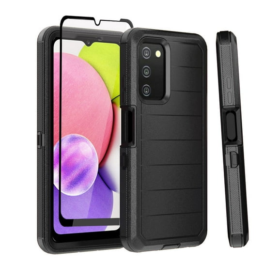 Xhy Samsung Galaxy A03S Case with Screen and Lens Protector Military Grade Full Body Multilayer Drop Shock Protection 3 in 1 Rugged Durable Detachable for Samsung A03S Phone - Black