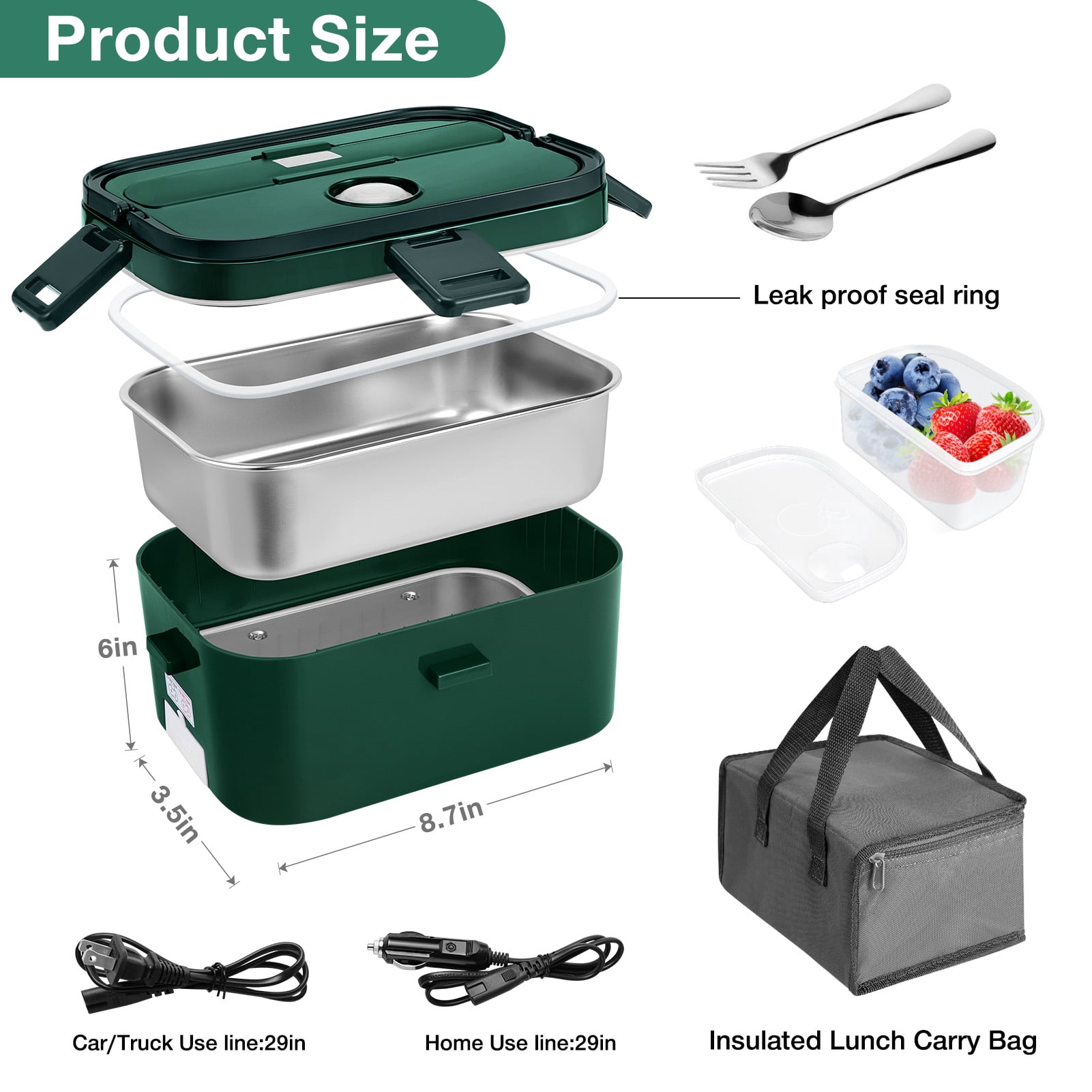 Livhil Electric Lunch Box Food Heater, Portable Food Warmer, Hot Lunch Warmer Heated Lunch Box for Adults, 60W 1.8L 12V-24V 110V Stainless Steel Container Portable Food Heater (Green+Army Green)