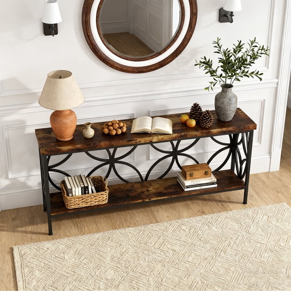 KIOOTTO 71" Farmhouse Console Table, 3-Tier Narrow Sofa Entryway Table, Brown