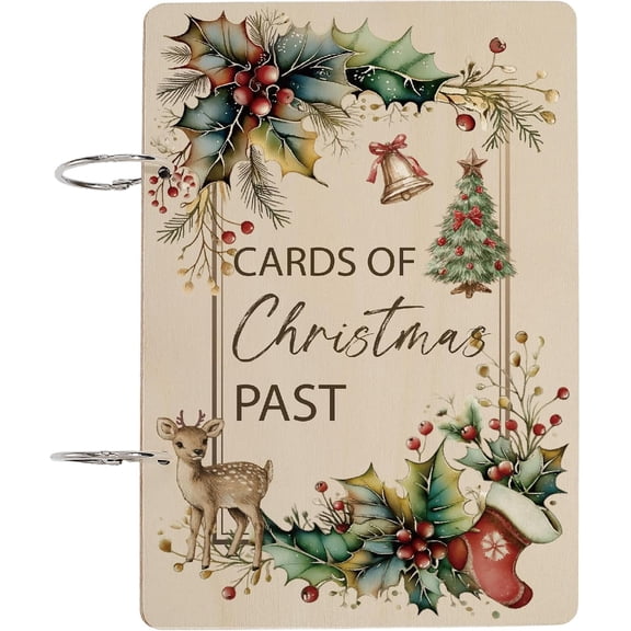 Christmas Card Storage Organizer Greeting Card Keeper Book Xmas Theme Wooden Album Binder with Metal Buckles