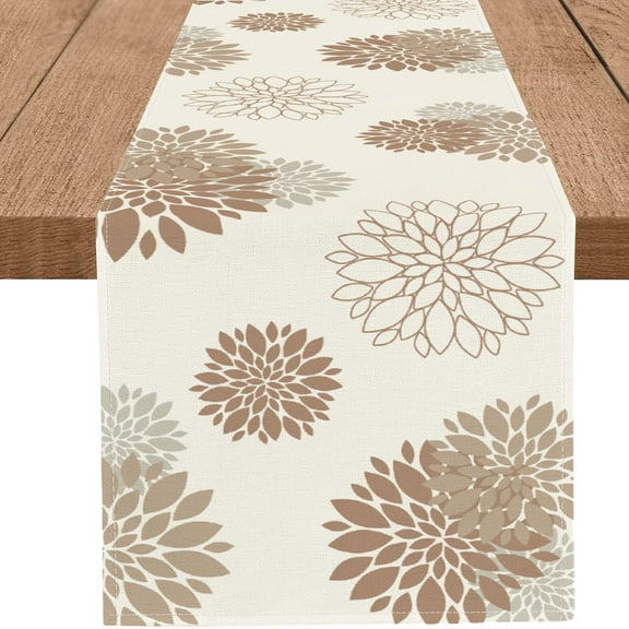 Coffee Brown Dahlia Table Runner Modern Elegant Flower Beige Table Runners Geometric Pompon Farmhouse Table Center Decor for Home Kitchen Dining Party Indoor Outdoor (13x48 Inch)