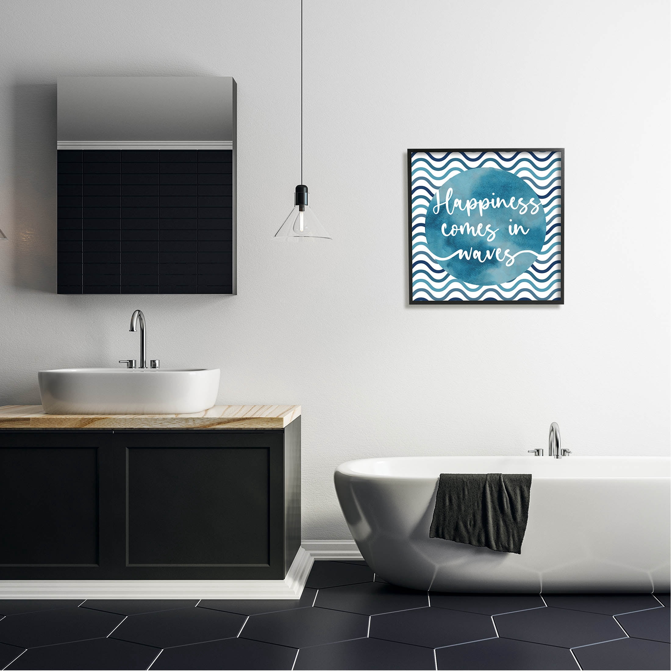 Stupell Industries Happiness Comes In Waves Pattern Graphic Art Black Framed Art Print Wall Art, Design by Linda Birtel