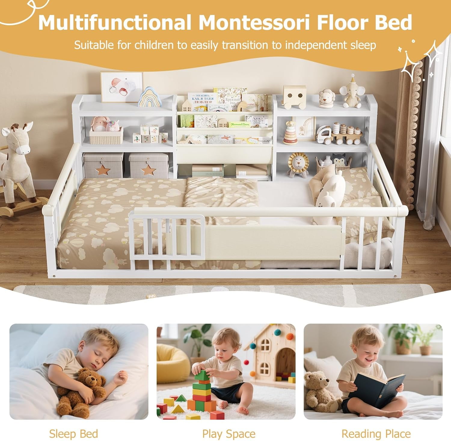 Floor Bed Frame Twin Size with High Fence & Door & Storage Bookcase, Montessori Floor Bed for Boys Girls, Twin Metal Platform Bed with Slats & Shelf & Safety Guardrails, White