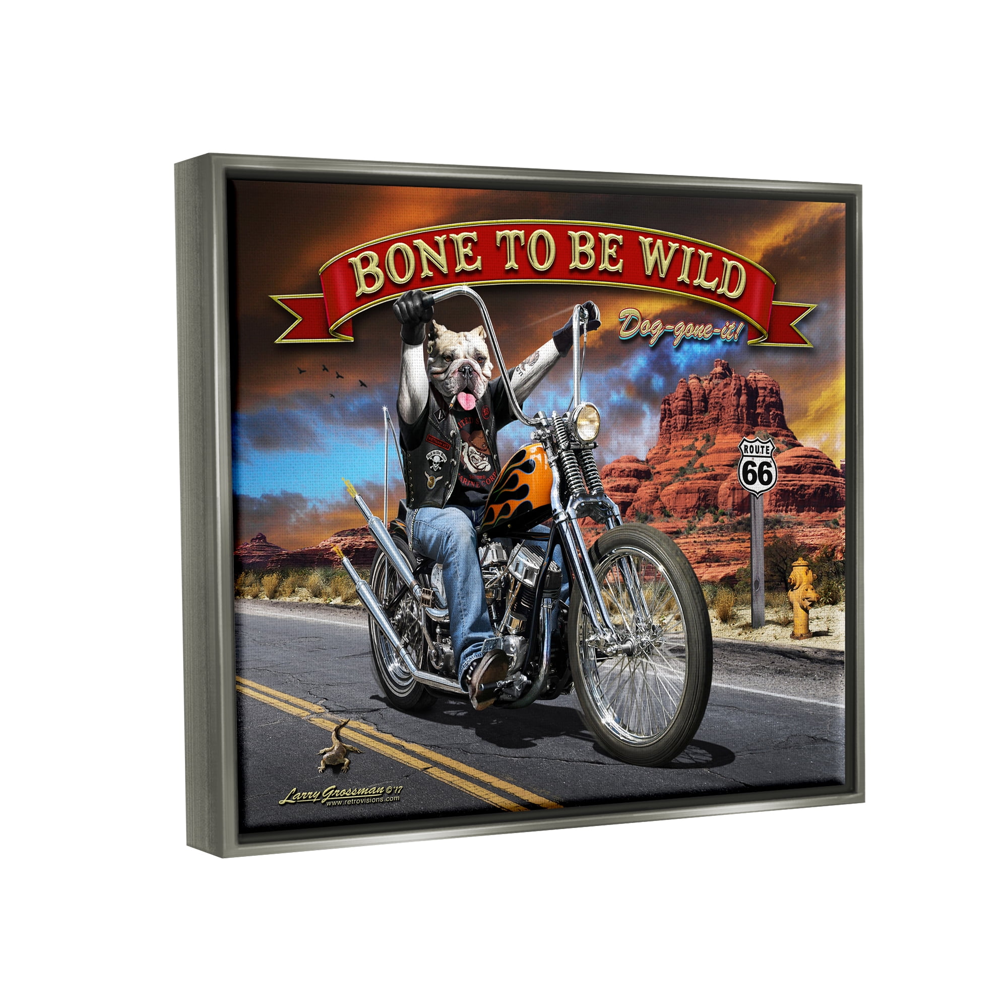 Stupell Industries Bone Wild Motorcycle Dog Transportation Painting Gray Floater Framed Canvas Art Print Wall Art, 31 x 25