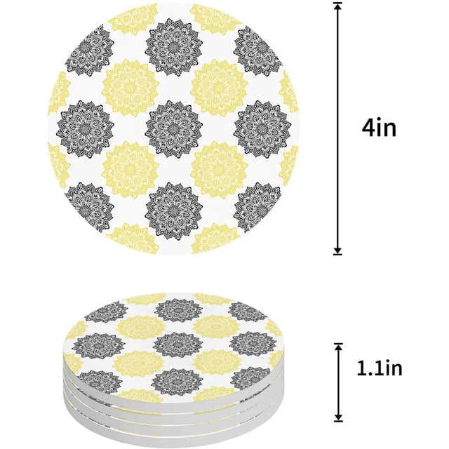 RYLABLUE Mandala Pattern Gery and Yellow Texture Set of 4 Round Coaster for Drinks, Absorbent Ceramic Stone Coasters Cup Mat with Cork Base for Home Kitchen Room Coffee Table Bar Decor