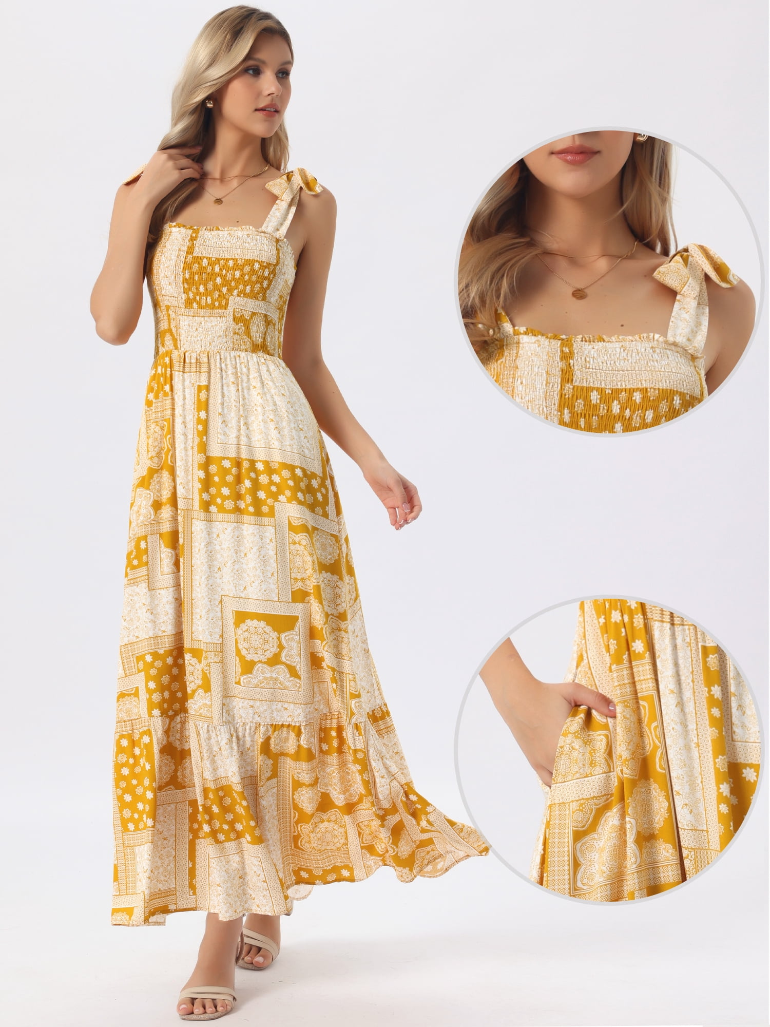 DARING DIVA Women's Summer Spaghetti Strap Square Neck Casual Dress S Yellow