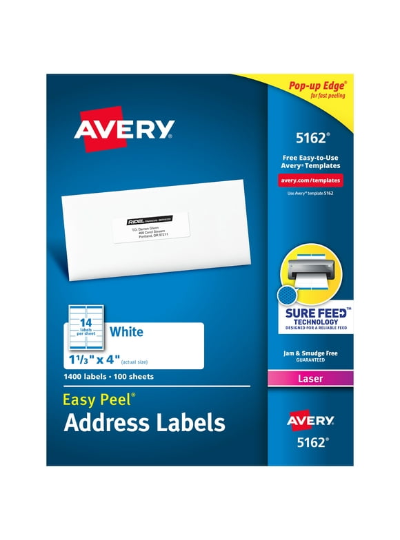 Avery Easy Peel Address Labels, Sure Feed Technology, Permanent Adhesive, 1-1/3" x 4", 1,400 Labels (5162)